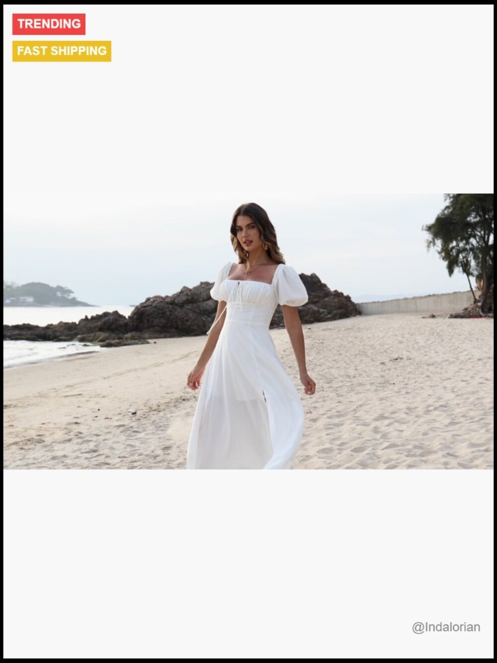 Puff Sleeve Floral Maxi Dress with Lace, Backless, High Slit - Picture 6 of 7